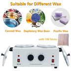 Wax Warmer Double Pot, Professional Electric Heater for Facial, Body, Spa, and Salon, 1.2L Dual Adjustable Temperature with 100 Wooden Craft Sticks, Hair Removal