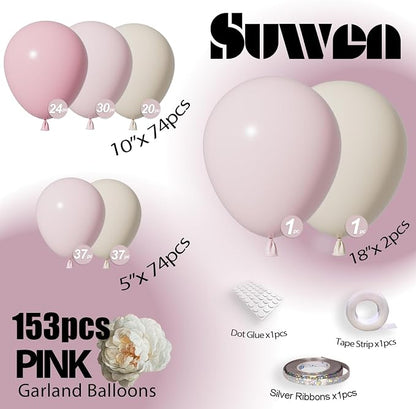 SUWEN 153Pcs Pink Balloons Arch Kit Garland 18 10 5 Inch Light Pink | Pastel - Image 2