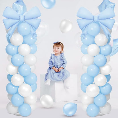 2 Sets Light Blue White Bow Balloon Column Stand Kit Includes 2 Bows & 100 - Image 3