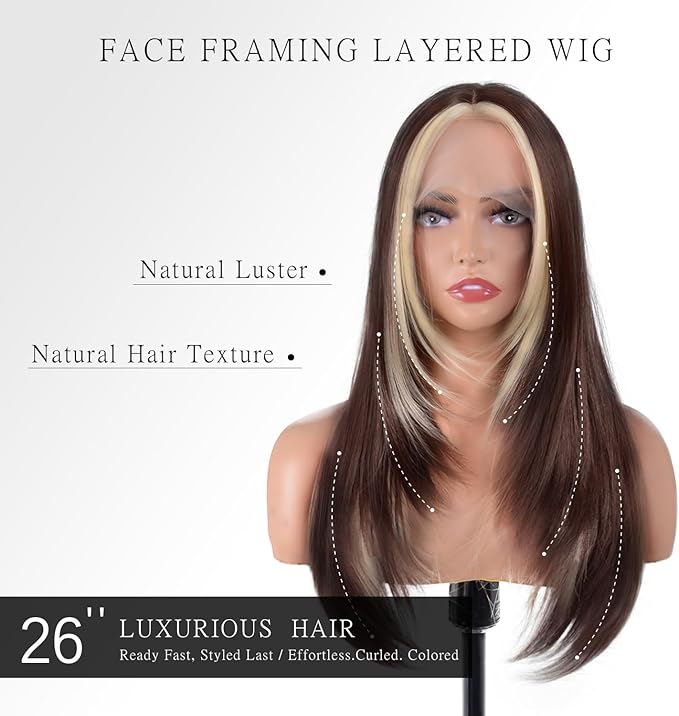 Brown Mix Blonde Long Straight Layered Wig 26 Inches Long Straight Wigs for Women Synthetic Lace Front Wig Middle Part Synthetic Wigs for Daily Cosplay Party Use(#Brown Mix Blonde, 26 Inch)