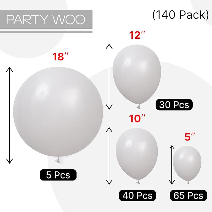 PartyWoo Grey Balloons 140pcs Light Pastel Pale Gray Color 5 Inch | 18 12 10 5 - Image 6