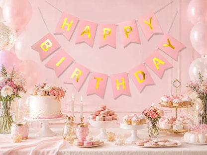 Letjolt Pink Happy Birthday Banner Girls Party Signs 13 Pcs | Golden Sparkle - Image 3