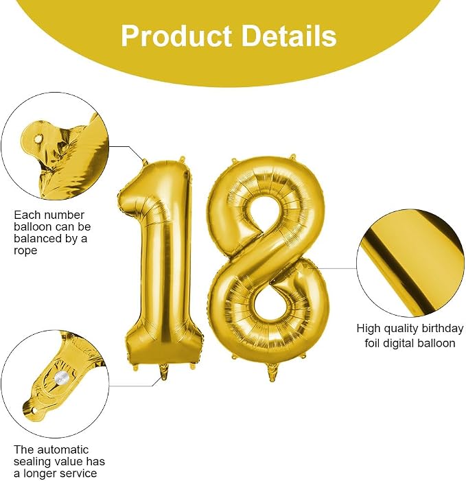 OFFCUP Helium Balloons, 40 Inches Number Balloons 18, Foil Balloons Birthday - Image 3