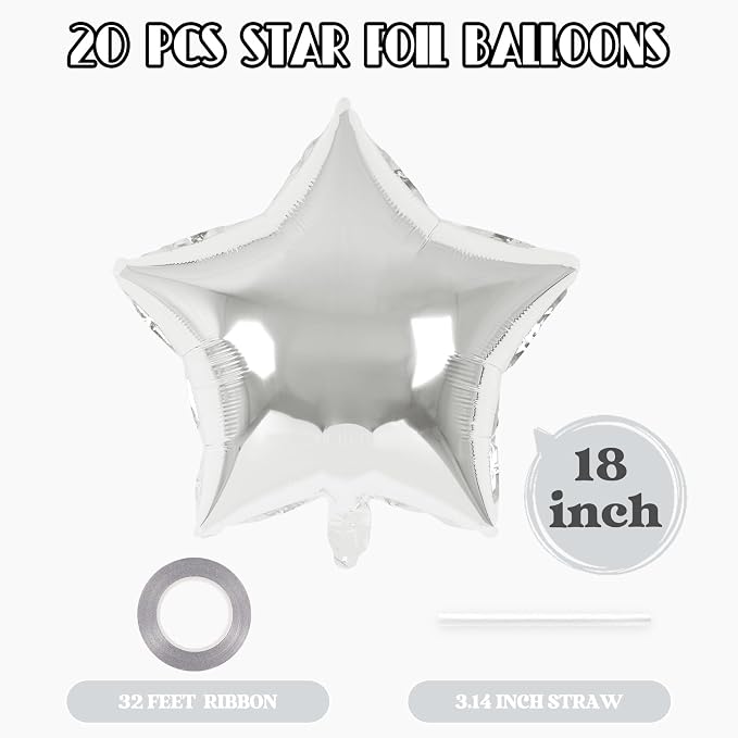 20 Pcs Star Balloons, 18 Inch Silver Star Foil Balloons, Stars Shaped Balloon - Image 2