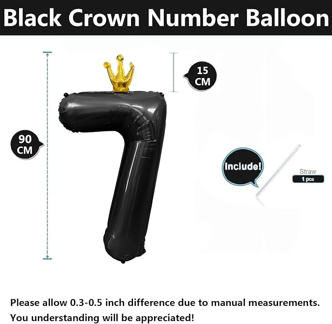 Black Number 7 Balloon with Crown, 40 inch Black Number Balloon 7th Birthday - Image 2