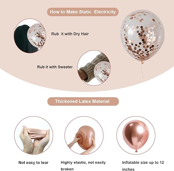 Rose Gold Balloons, 66 Pack 12 inch Metalic Confetti Party Balloons - Image 3