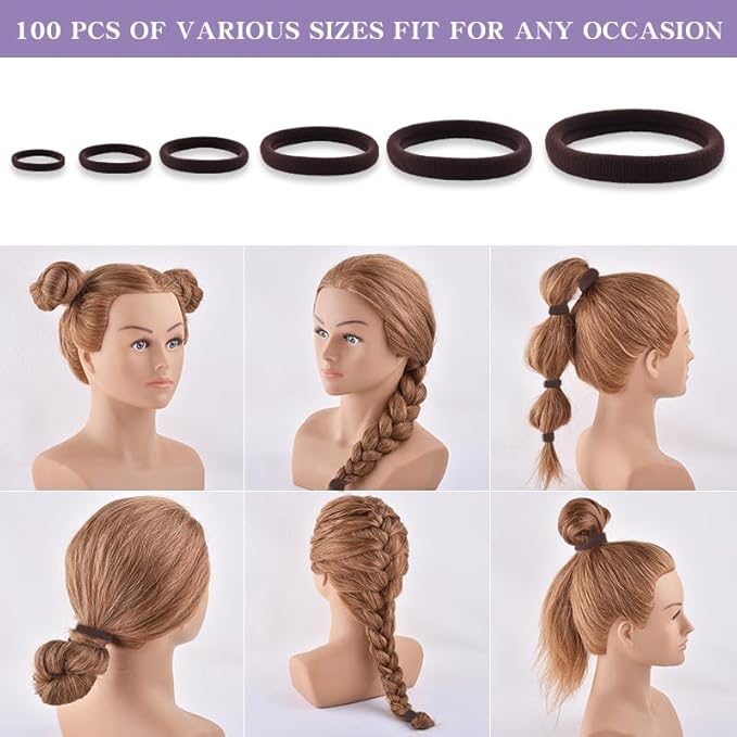 100PCS Various Sizes Brown Hair Ties for Women, Elastics Hair Ties No Damage Ponytail Holder for Thick/Thin Hair Accessories, Soft Cotton Cloth Seamless Hair Bands