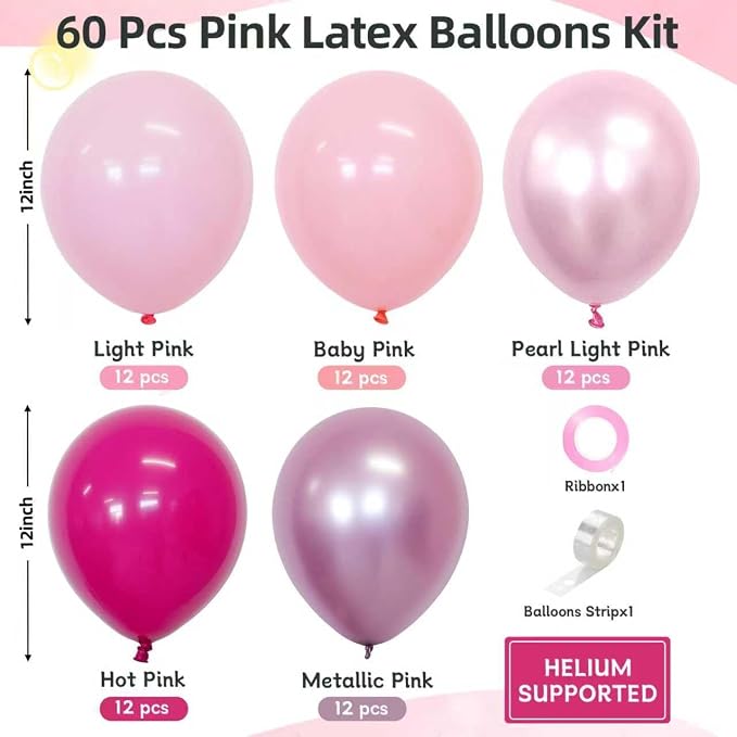 Pink Balloons 60 PCS 12 Inch Hot Pink Light Baby Pink Metallic Pink Latex - Image 2
