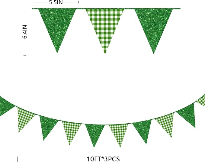 Glitter Green Party Pennant Banner Flag Green Buffalo Plaid Hanging Paper - Image 2