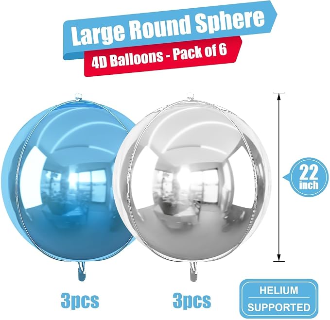 6Pcs Blue Silver Round Foil Balloons, 22inch 4D Metallic Silver Blue Balloons - Image 2