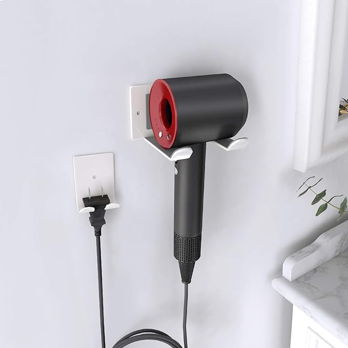 FLE Hair Dryer Holder Wall Mounted Self Adhesive,Hair Blow Dryer Rack Organizer Compatible with Most Hair Dryers,White
