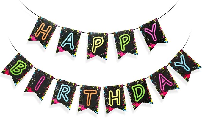 Glow Party Happy Birthday Banner Decoration（Already Assembled）, 80s Birthday by Seasons+Stars+SSDecor
