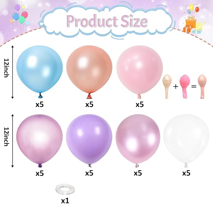 Pastel Mermaid Balloons Set, Pearl Rose Gold Metallic Pink Purple Blue Latex - Image 2