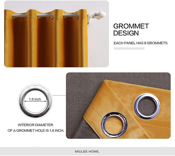 MIULEE Velvet Curtains Mustard Yellow 52 x 96 Inch Length Set of 2 | Grommet - Image 2