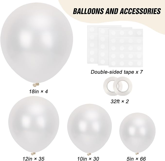 RUBFAC 135pcs Pearl White Balloons, Latex Balloon Different Sizes 18 12 10 5 - Image 2