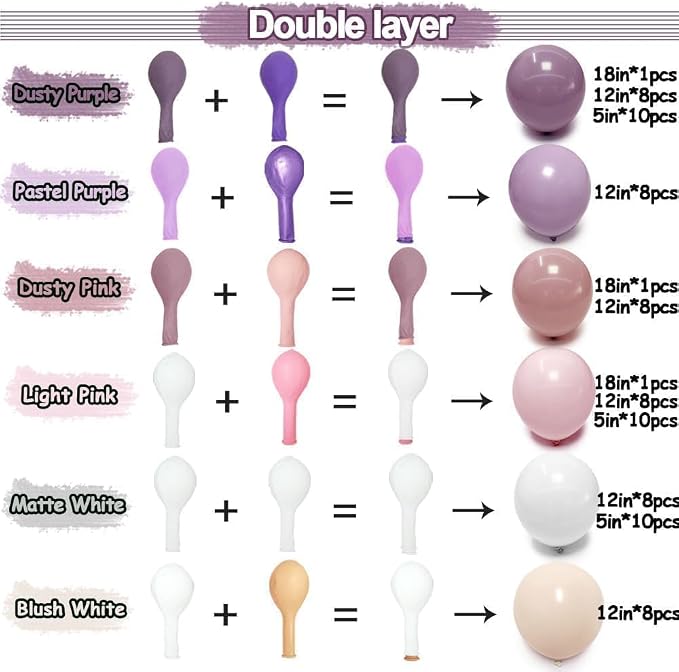 Purple Pink Balloon Arch Kit, Double Stuffed Pastel Pink Lavender White Beige - Image 3