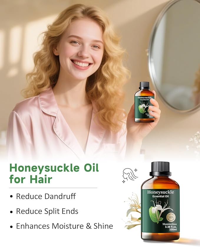 Pure Honeysuckle Essential Oil for Bedtime Serenity, Evening Relaxation & Pillow Mist, Mumianhua Natural Floral Aroma for Reed Diffuser, Hair, Skin, Calming Blends, Candles,Perfume Making 3.38 Fl Oz