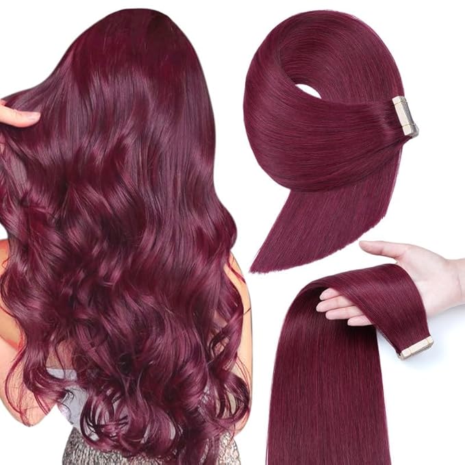 Tape in Hair Extensions Human Hair 18 Inch Burgundy Human Hair Wine Red 99J Invisible Double Sided Tape in Hair Seamless Skin Weft Hair (#A99J,18 Inch)