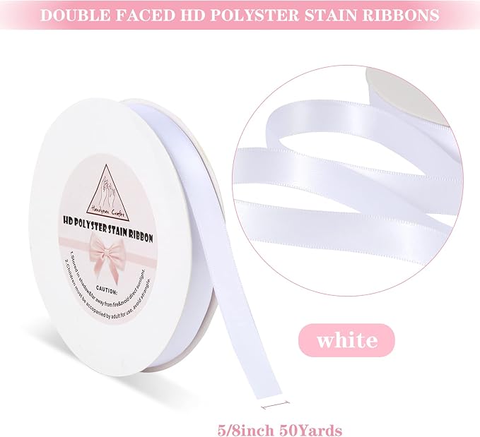 White Satin Ribbon for Gift Warping, 5/8inch 50 Yards Solid Polyester Fabric - Image 2