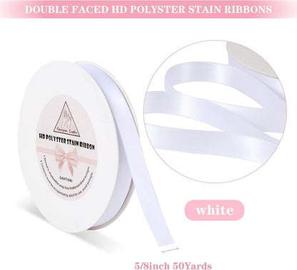 White Satin Ribbon for Gift Warping, 5/8inch 50 Yards Solid Polyester Fabric - Image 2