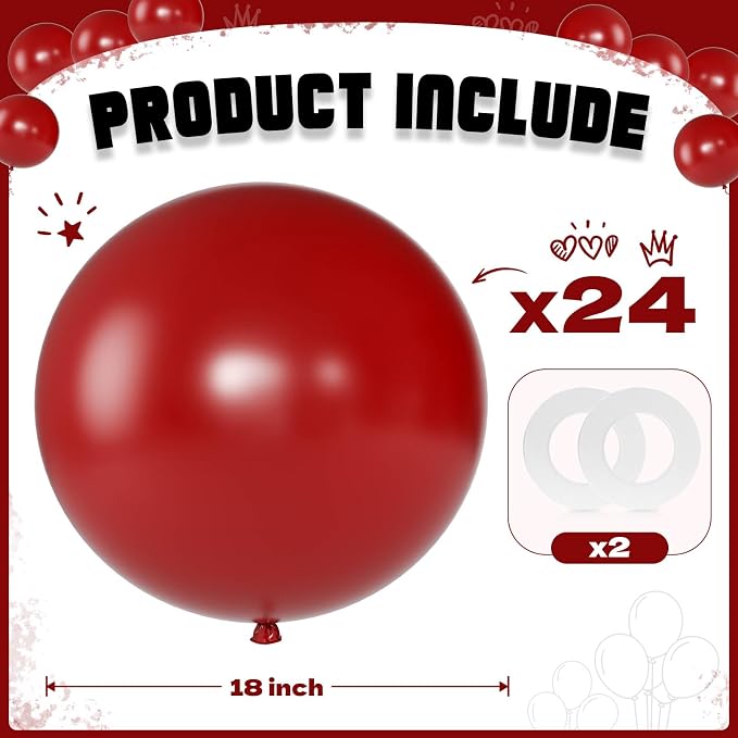 Burgundy Red Balloons 18 Inch 24 Pack Matte Helium Latex Round Balloons - Image 2