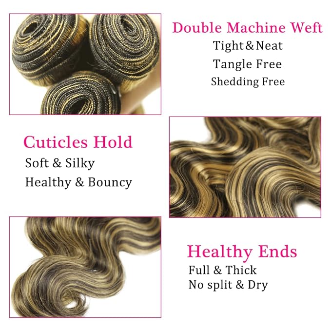 28 28 28 Inch Highlight Bundles Human Hair Blonde Body Wave Bundle Brazilian Virgin Remy Hair Extensions Niegmeag 2 Tone Black and Honey Blonde Bundle P1B27 Color