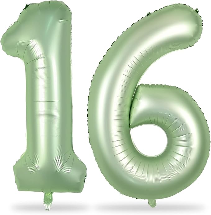 16th Birthday Balloons for Girls, 40 Inch Sage Green Foil 16 Number Balloons by Lingqiang