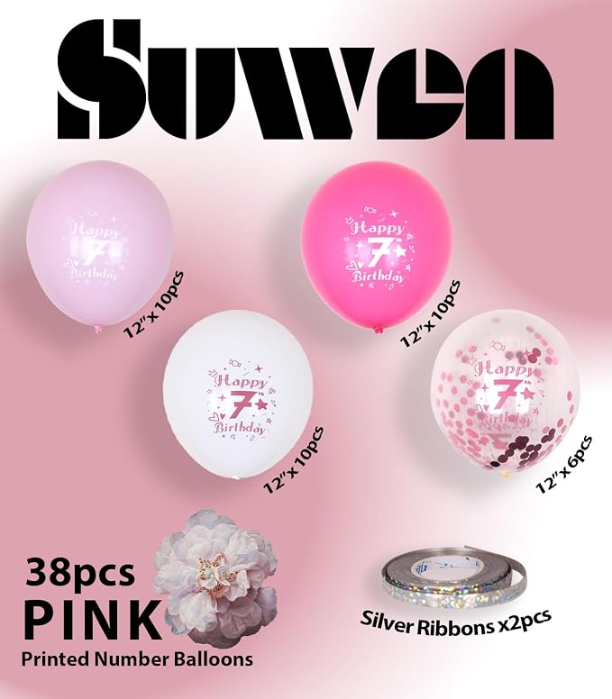 SUWEN Pink 7th Number Printed Balloons 38PCS 12 Inch | 1-9 Latex Balloons Happy - Image 4