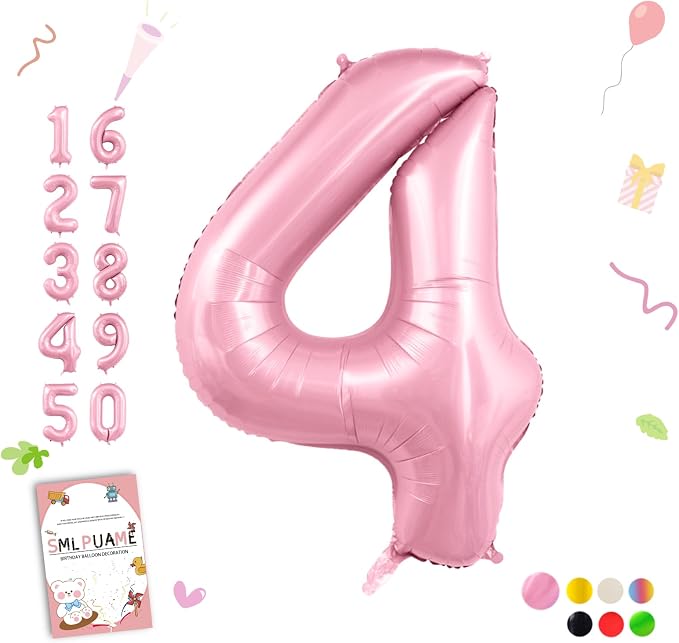 Pastel Pink 4 Balloons, 40 Inch Large Light Pink Foil Number Balloons 0-10 by Smlpuame