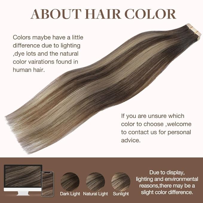 GOO GOO Tape in Hair Extensions Human Hair, 4/26/4 Balayage Chocolate Brown to Honey Blonde, 20inch 100g 40pcs, Skin Weft Seamless Invisible, Silky Straight with Thick Ends, Remy Human Hair