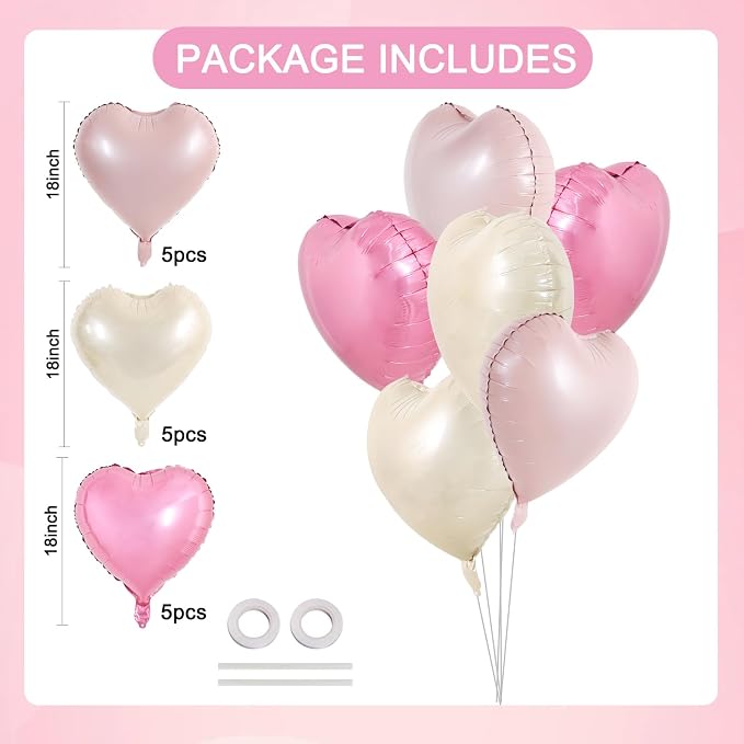 TONIFUL 15 Pcs 18 Inch Cream White Pink Heart Shape Foil Mylar Balloons | - Image 2