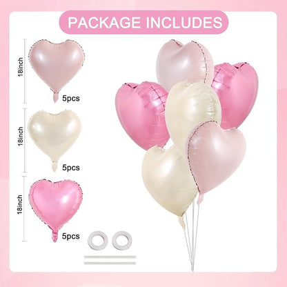 TONIFUL 15 Pcs 18 Inch Cream White Pink Heart Shape Foil Mylar Balloons | - Image 2