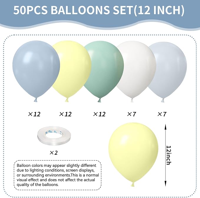 Blue and Green Balloons, Baby Shower Balloons 50Pcs 12 Inch Pastel Light Green - Image 2