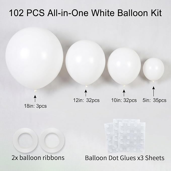 102pcs White Balloons Garland Arch Kit, 18 12 10 5 Inch Balloons | Balloons - Image 2