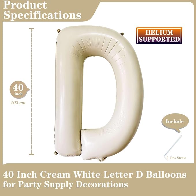 Cream White Letter D Balloons, 40 Inch Giant Letter Balloons D Foil Mylar - Image 2