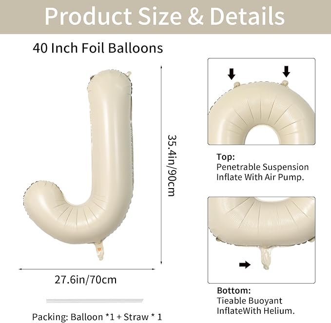 Biapian 40 Inch Letter J Balloons, Giant Cream J Foil Balloon, Big Single - Image 2
