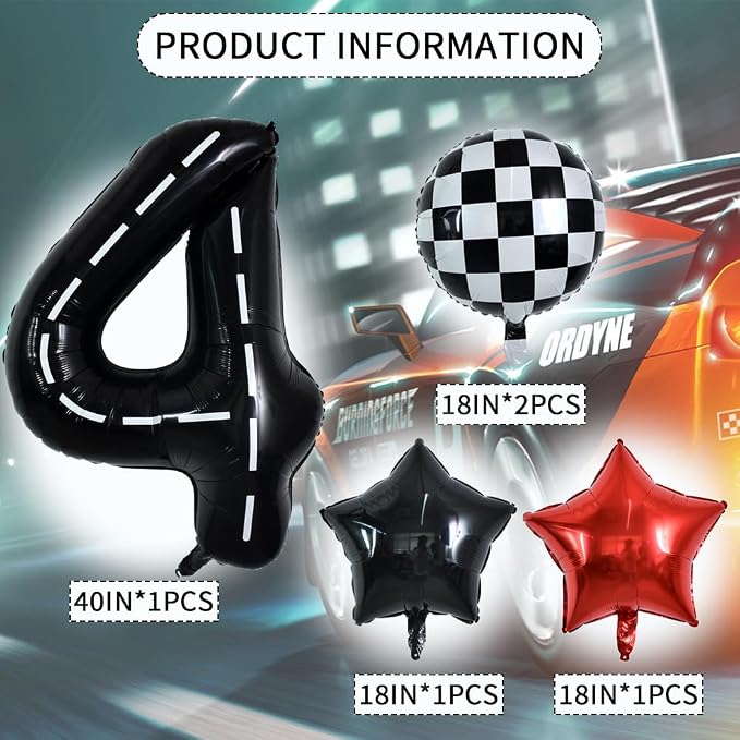 TONIFUL 40 Inch Race Car 4th Birthday Balloons Racetrack Number 4 Black & White - Image 2