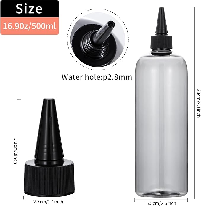 driew Applicator Bottles for Hair, 16.9oz Hair Squeeze Bottle for liquids Twist-On Top Tip Cap with Ratio Graduated Scale Color Applicator Bottle Dye Pack of 2 (16.9oz Clear Black)