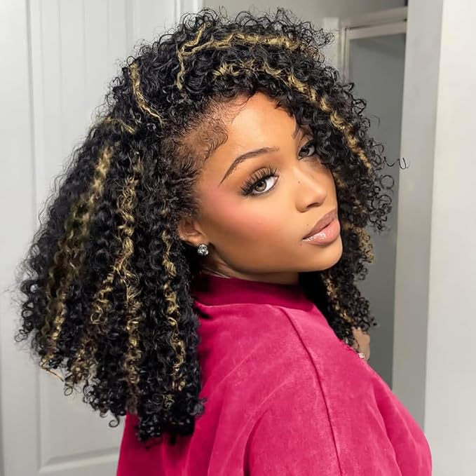 3 In 1 Half Wig Human Hair Afro Kinky Curly Wig Balayage Highlight Ombre Brown 250% Density Glueless Wigs Human Hair Comfortable Fit No Glue Needed Wear & Go Seamless Clip In Wigs 20 Inch