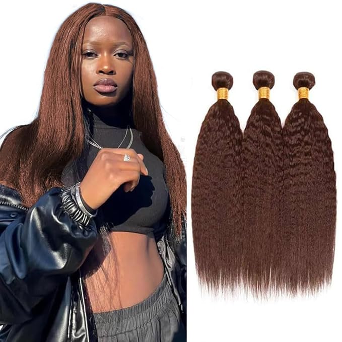 Brown Human Hair Bundle Color 4 Yaki Straight Bundles Niegmeag Brazilian Virgin Remy Hair 3 Bundles 14 16 18 Inch Double Weft Dark Brown Yaki Bundle Hair Weave