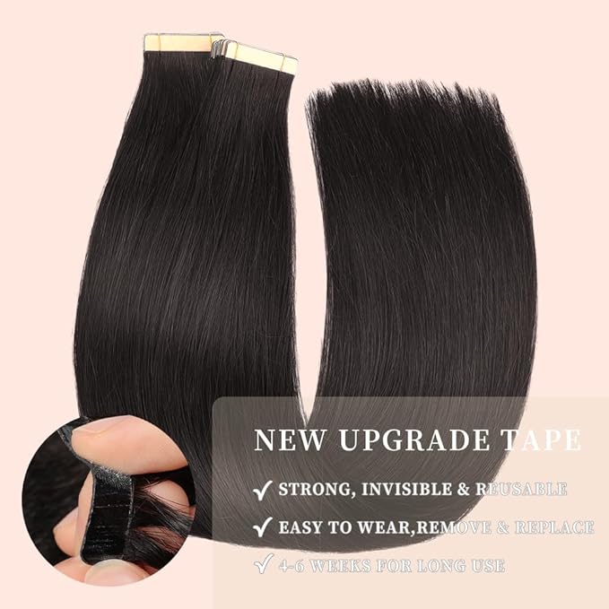 Human Hair Tape in Extensions Jet Black 20pcs Seamless Skin Weft Tape in Hair Extensions 24 Inch Straight Double Sided Remy Invisible Tape in Hair Extensions Human Hair (1#,24 Inch)