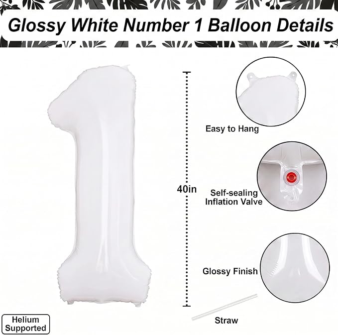 White Number 1 Balloon 40 Inch, Large Foil Mylar 1st Birthday Decorations - Image 4