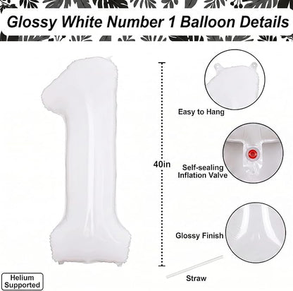 White Number 1 Balloon 40 Inch, Large Foil Mylar 1st Birthday Decorations - Image 4