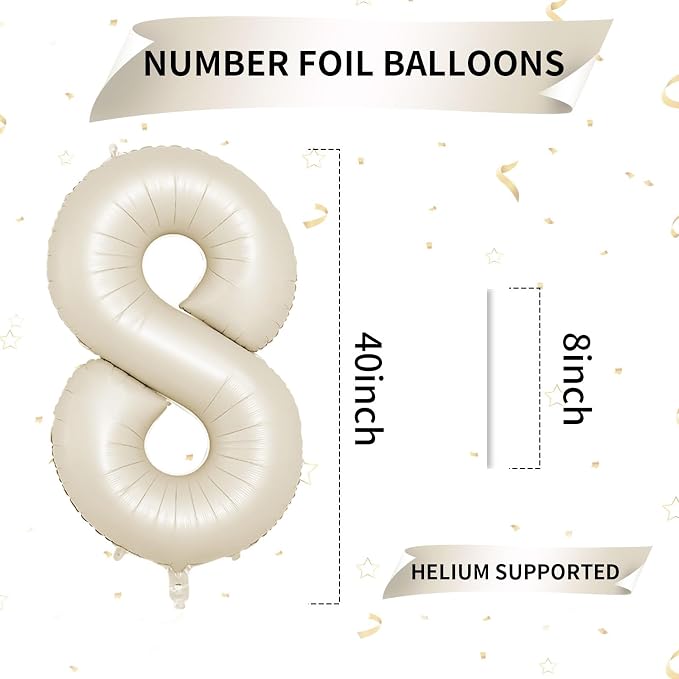 40 Inch Cream Number 8 Balloon, Digital 8 Cream White Giant 8 Foil Balloon - Image 2