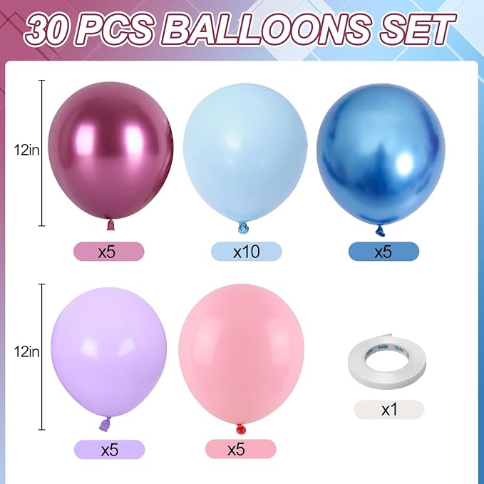 Pink and Blue Balloons, 12 Inch Macaron and Metallic Blue Pink Party Balloons - Image 2
