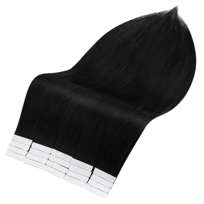 Full Shine Tape in Hair Extensions 16 INCH 100G 40PCS Color 1 Black Tape in Extensions Real Human Hair Straight Hair Extensions Soft Remy Seamless Skin Weft Invisible for Wedding