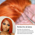 250% Density Ginger Bob Wig Human Hair 13x4 HD Lace Closure Wig Orange Bob Human Hair Wig with Baby Hair Short Straight Bob Colored Wig for Women 10 Inch