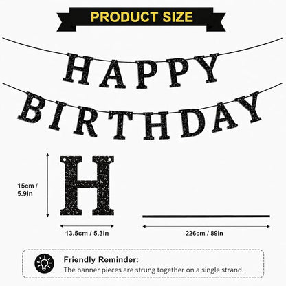 Happy Birthday Banner Black Glitter Birthday Party Banner Pre-Strung | Happy - Image 2