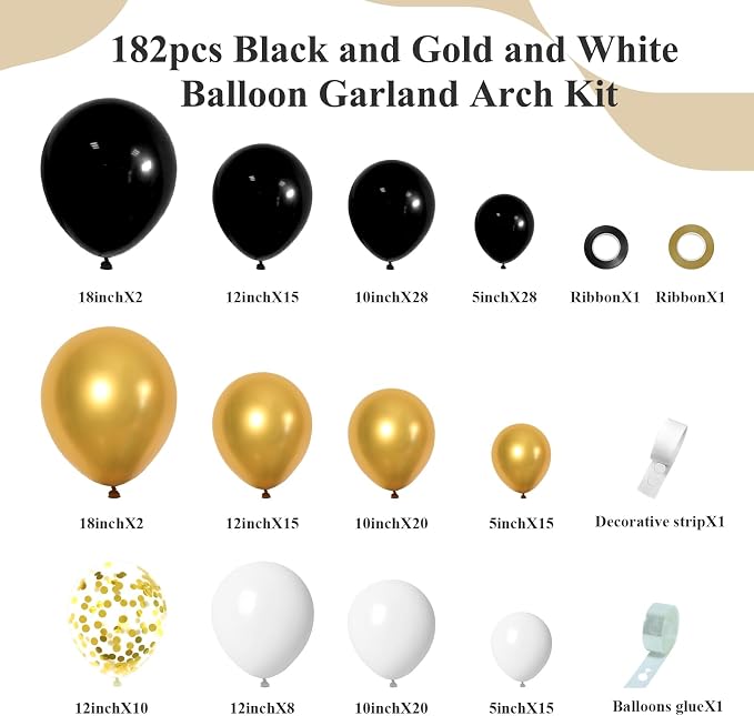 182pcs Black and Gold Balloons Garland Arch Kit, 5 10 12 18 inch Black White - Image 2