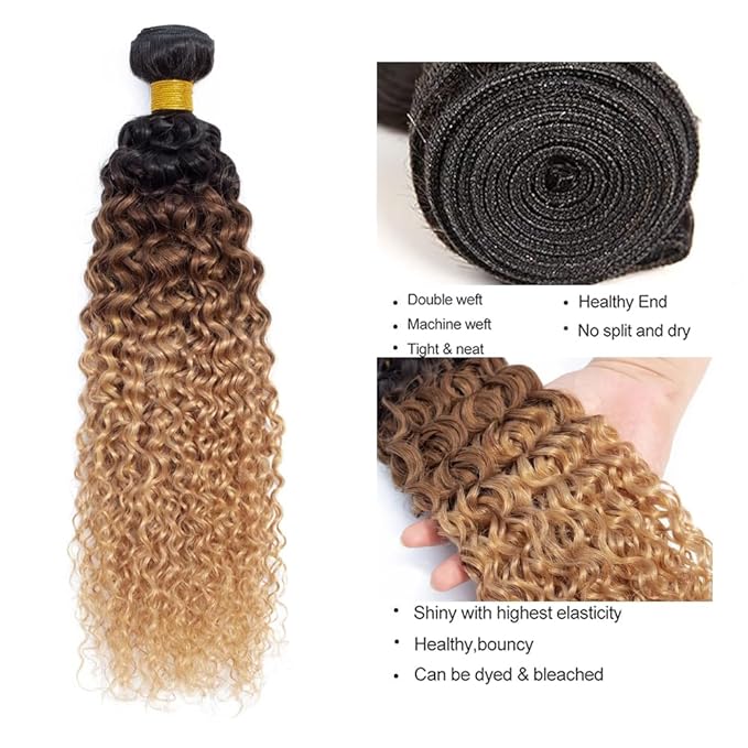 30 32 34 Inch Ombre Brown Human Hair Bundles Blonde Curly Bundles 3 Tone Black and Honey Blonde Bundle Niegmeag Brazilian Virgin Soft and Silky Remy Hair Extensions